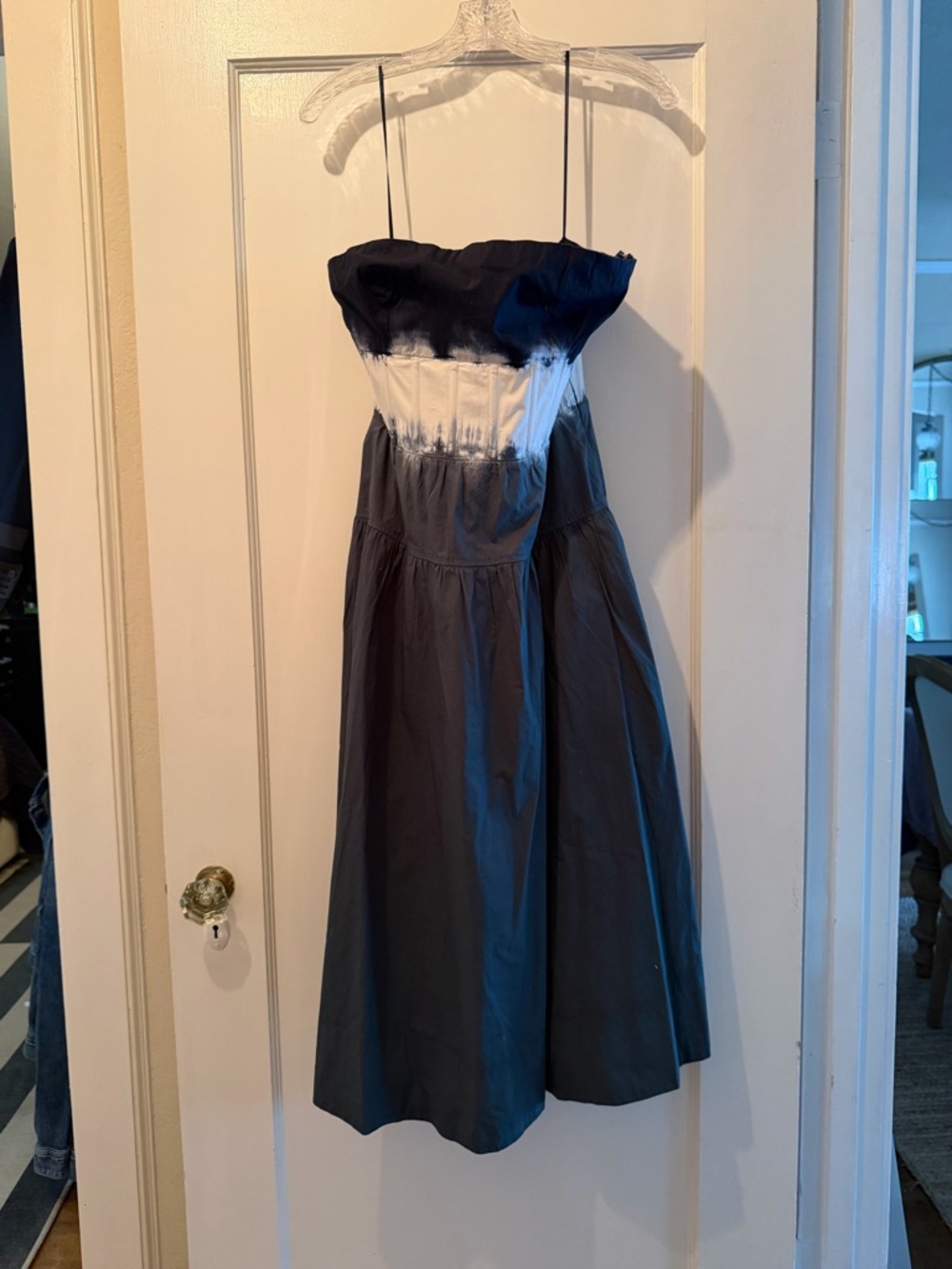 Strapless Navy, White and Green Midi Dress - Classic Tie-Dye Bodice